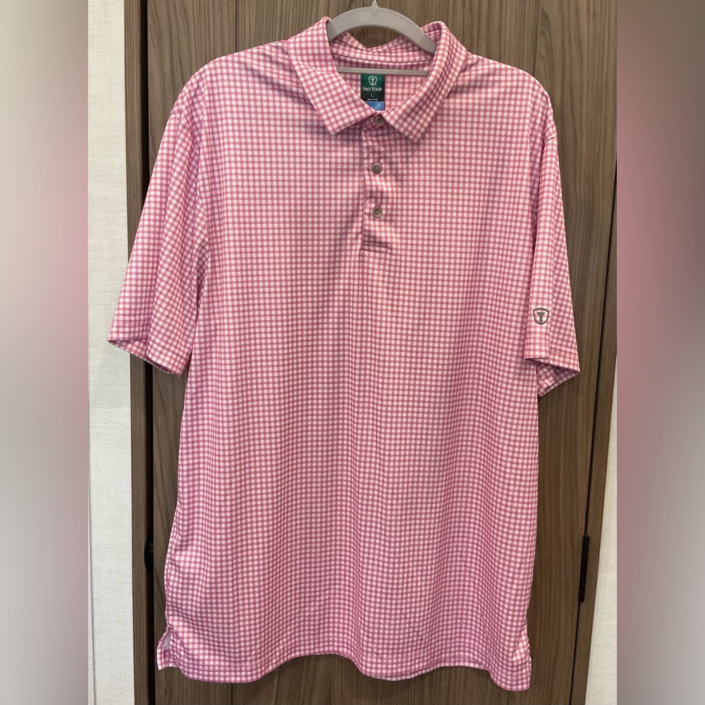 Pro Tour Cool Play Mens Pink/checkered Short Sleeve Polo Shirt Size L